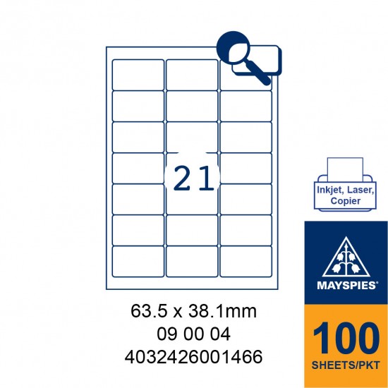 MAYSPIES 09 00 04 LABEL FOR INKJET / LASER / COPIER 100 SHEETS/PKT WHITE  63.5X38.1MM
